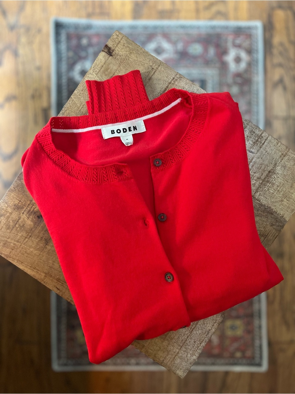 Boden Red Pointelle Knit Button Front Cardigan Sweater M